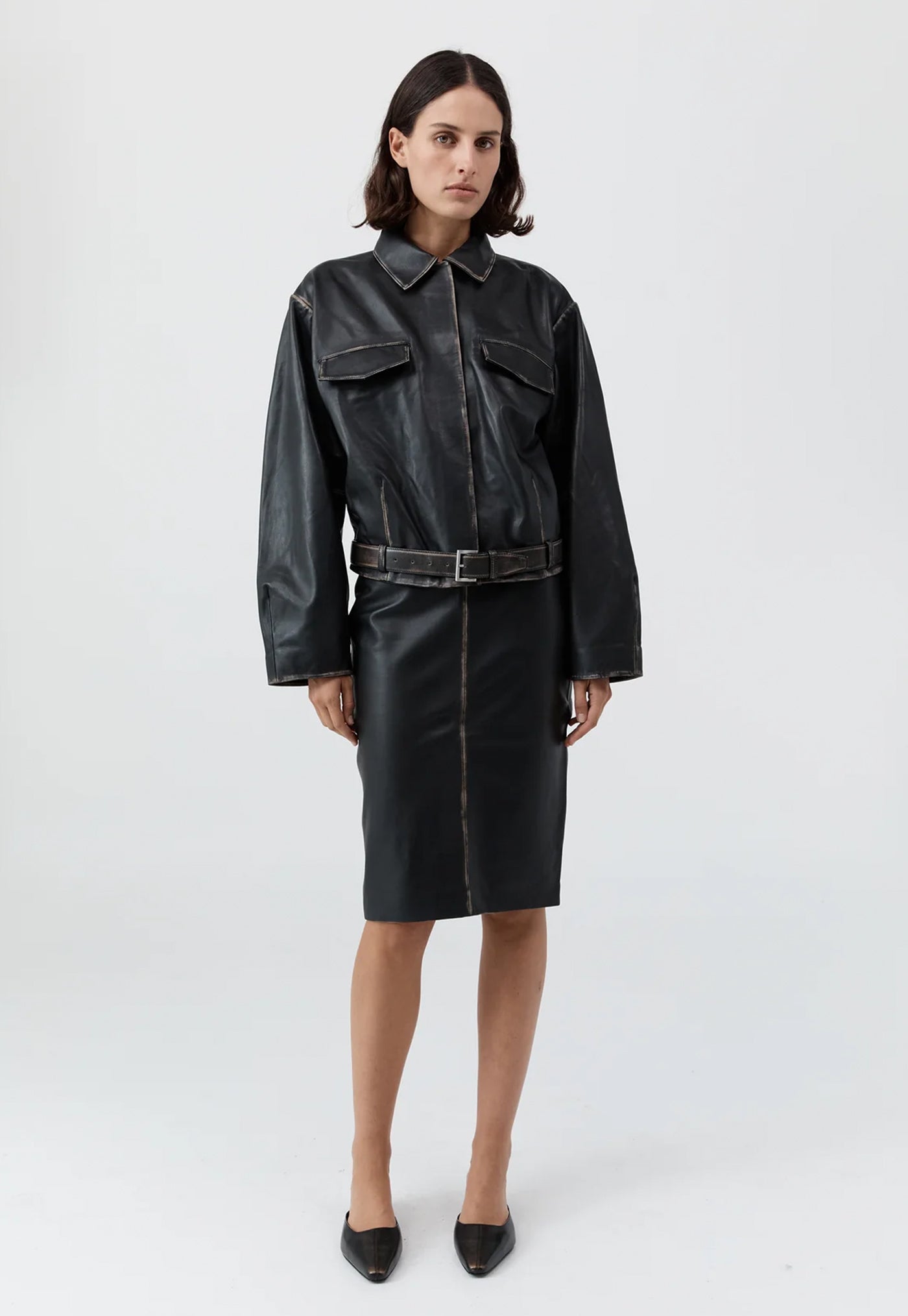Brushed Leather Belted Jacket - Black