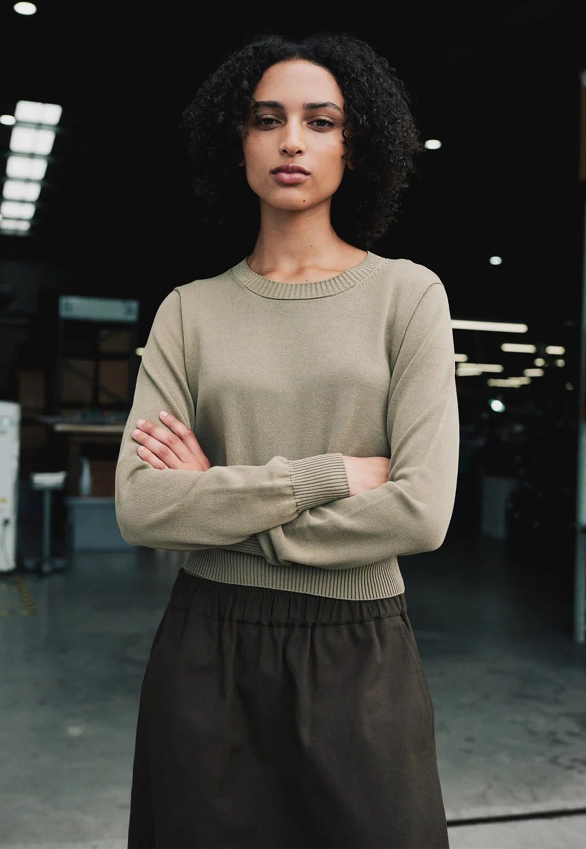 Cotton Pull Over from Standard Issue. A light olive green long-sleeve knit 100% cotton sweater.