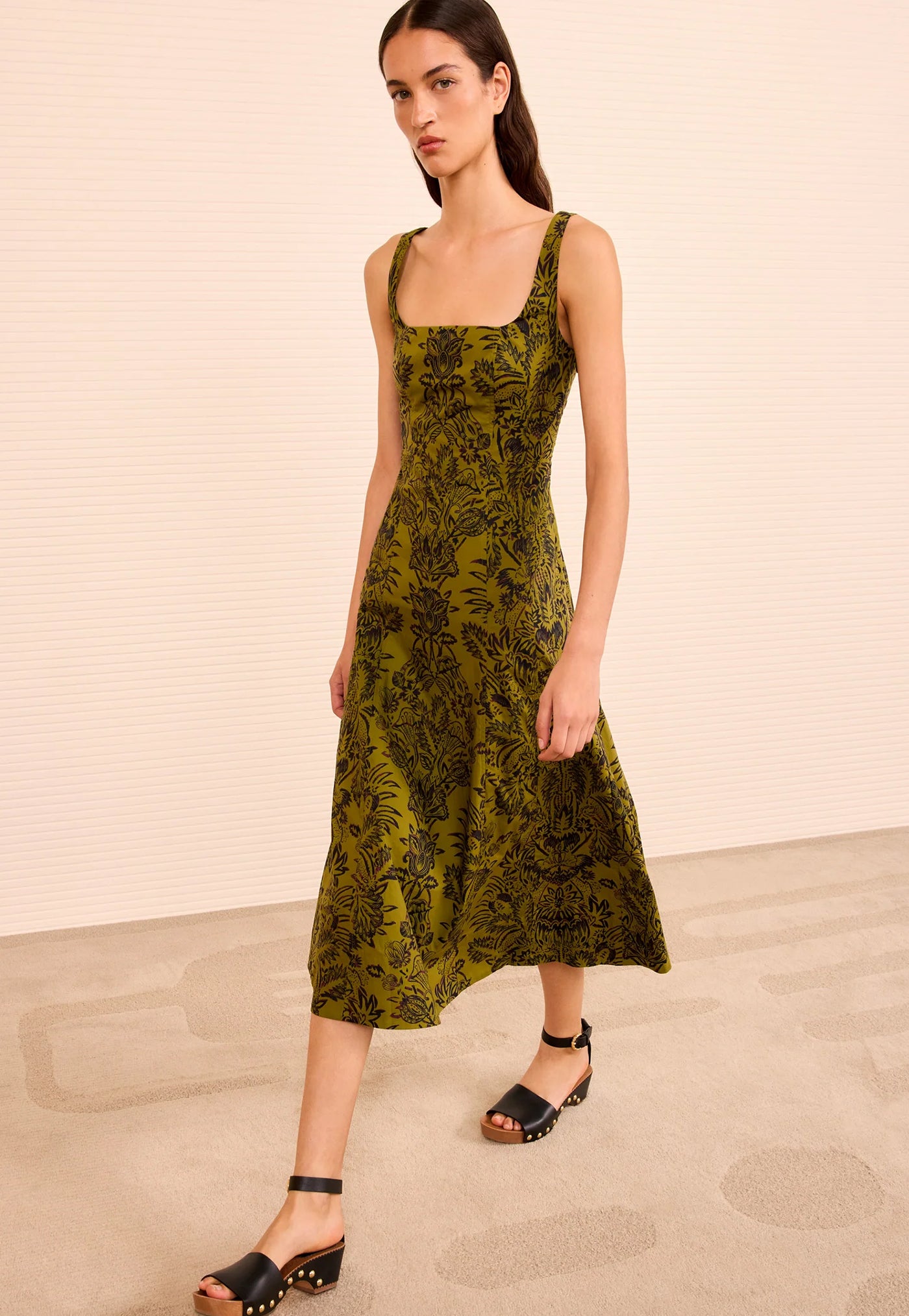 Natali Tank A-Line Dress - Olive Flora