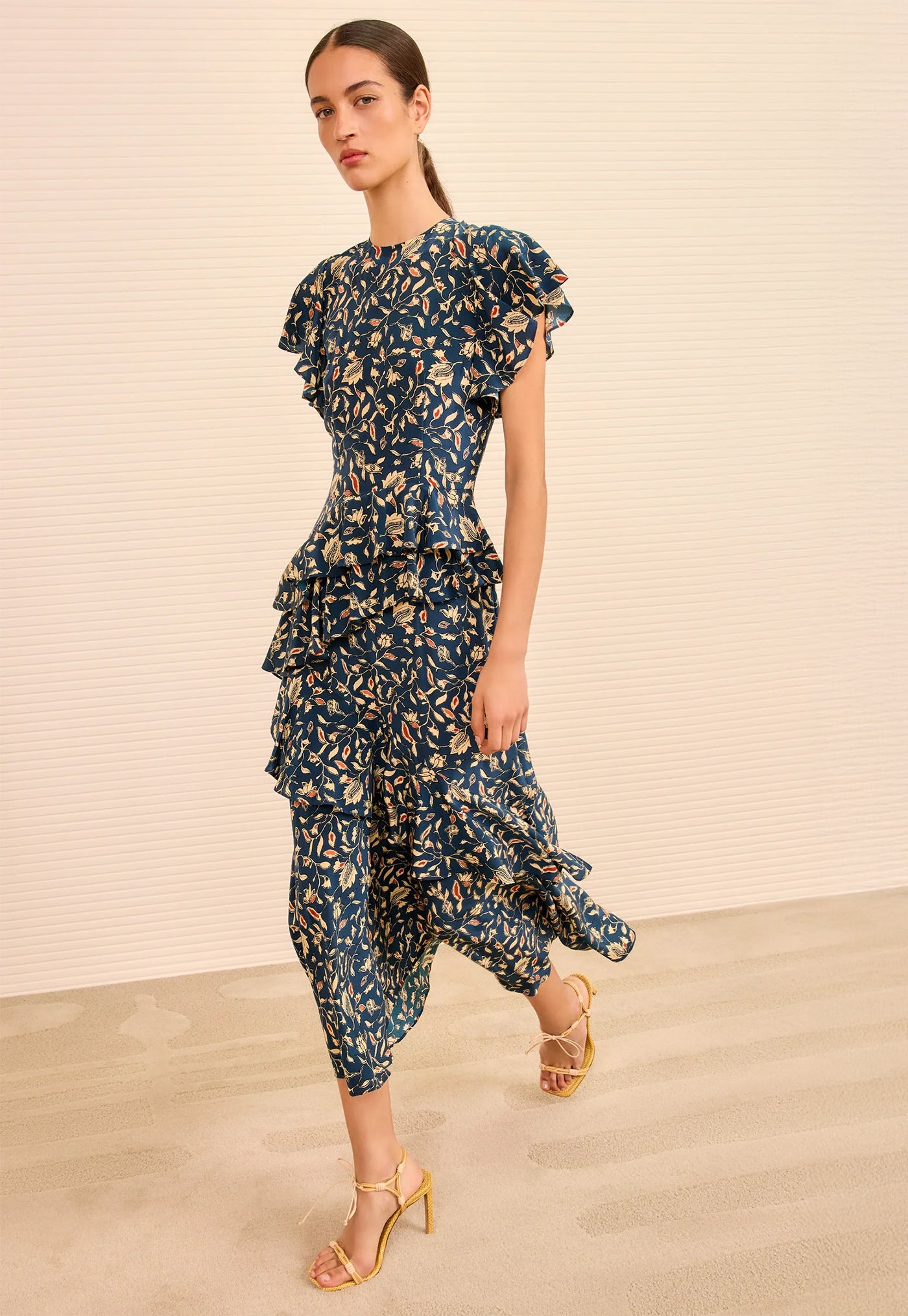 Amaia Cascading Ruffle Midi Dress - Midnight Garden