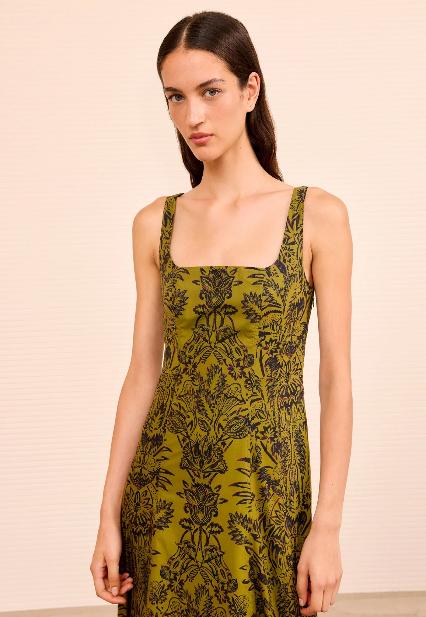 Natali Tank A-Line Dress - Olive Flora