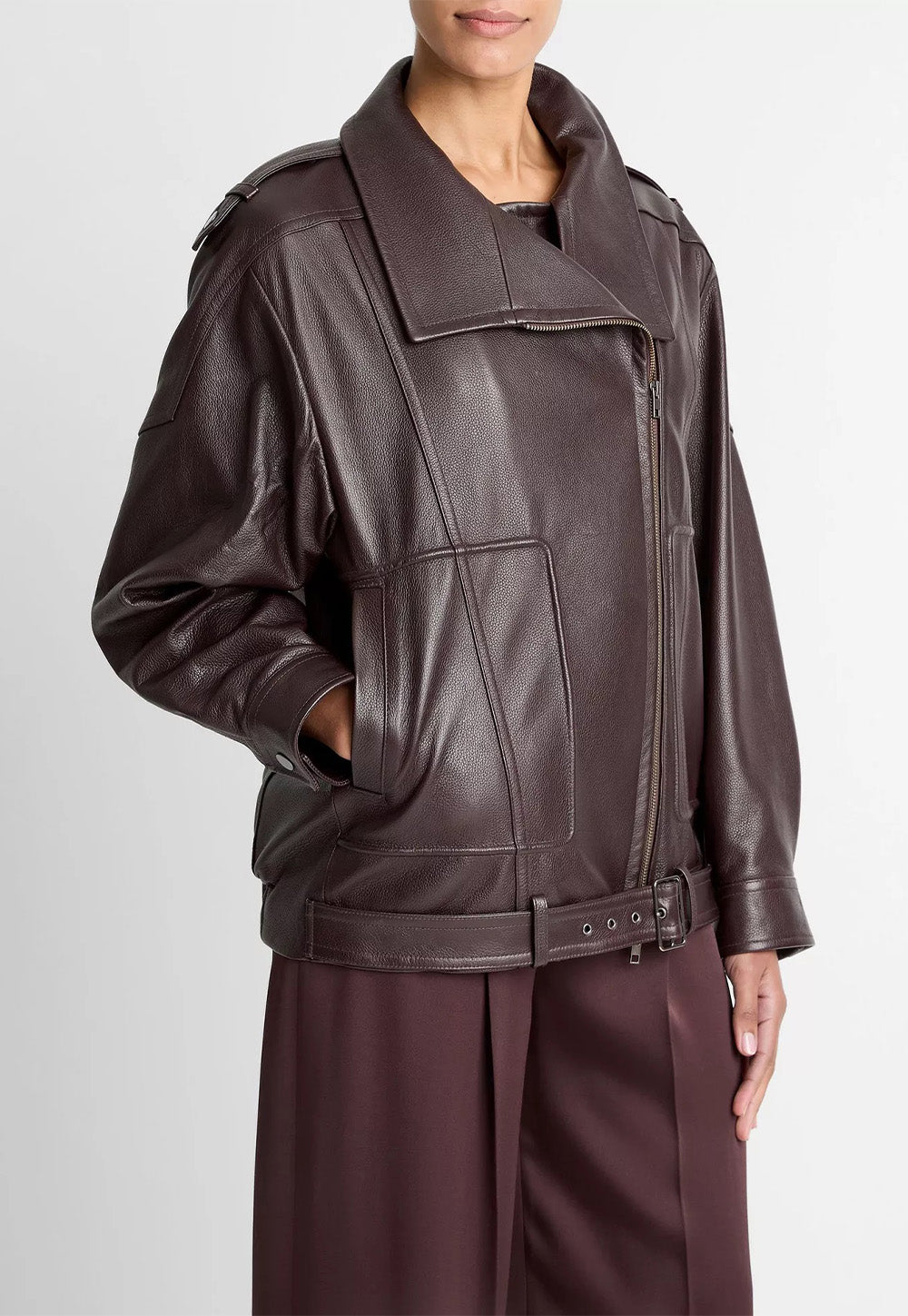 Leather Oversized Biker Jacket - Dark Fig