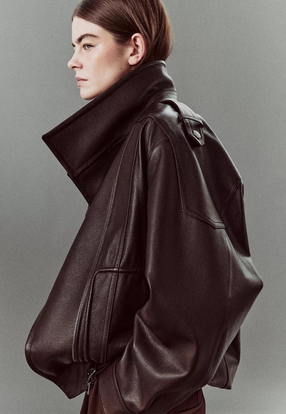 Leather Oversized Biker Jacket - Dark Fig