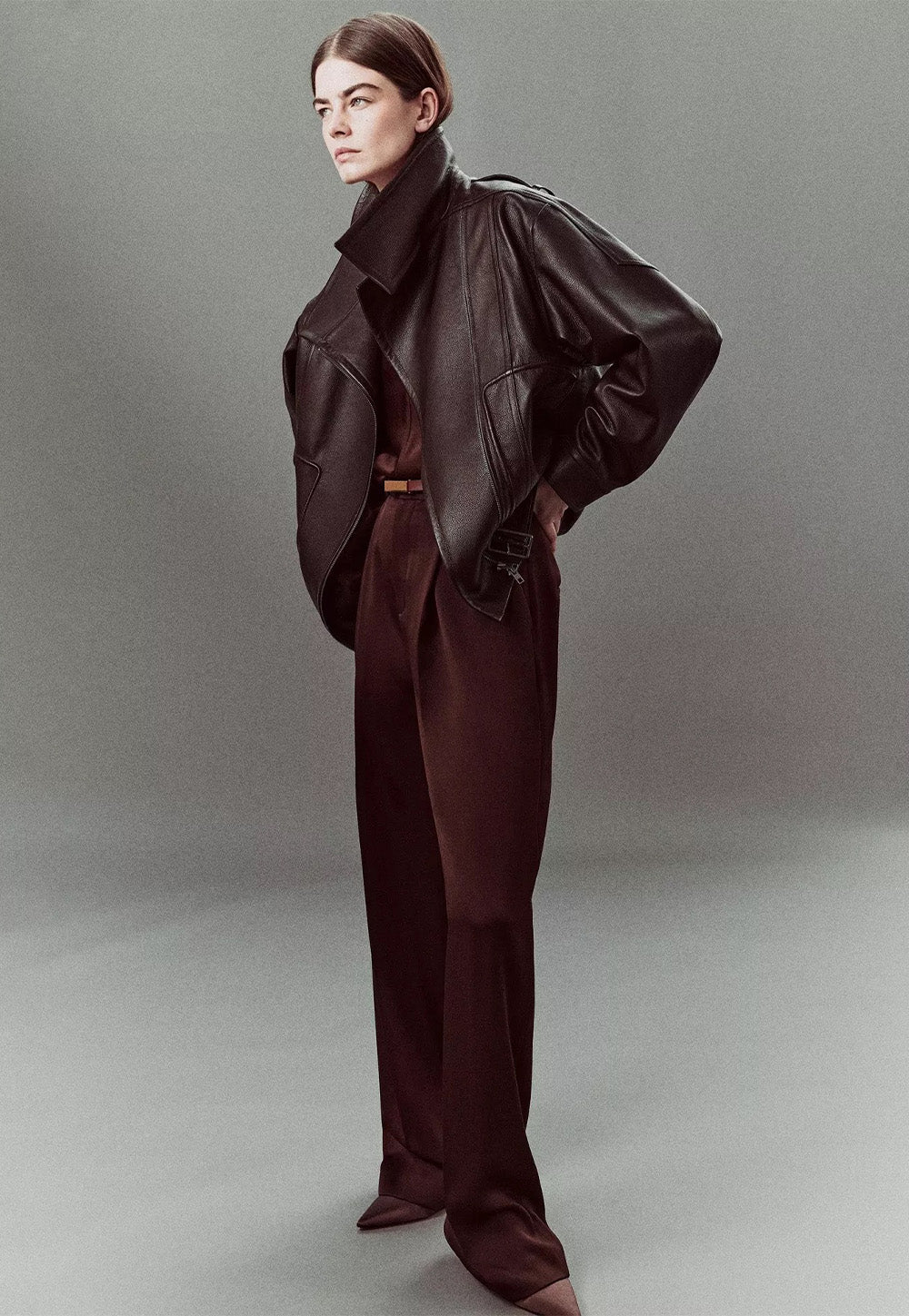 Leather Oversized Biker Jacket - Dark Fig