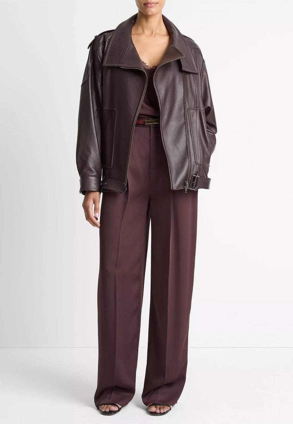 Leather Oversized Biker Jacket - Dark Fig