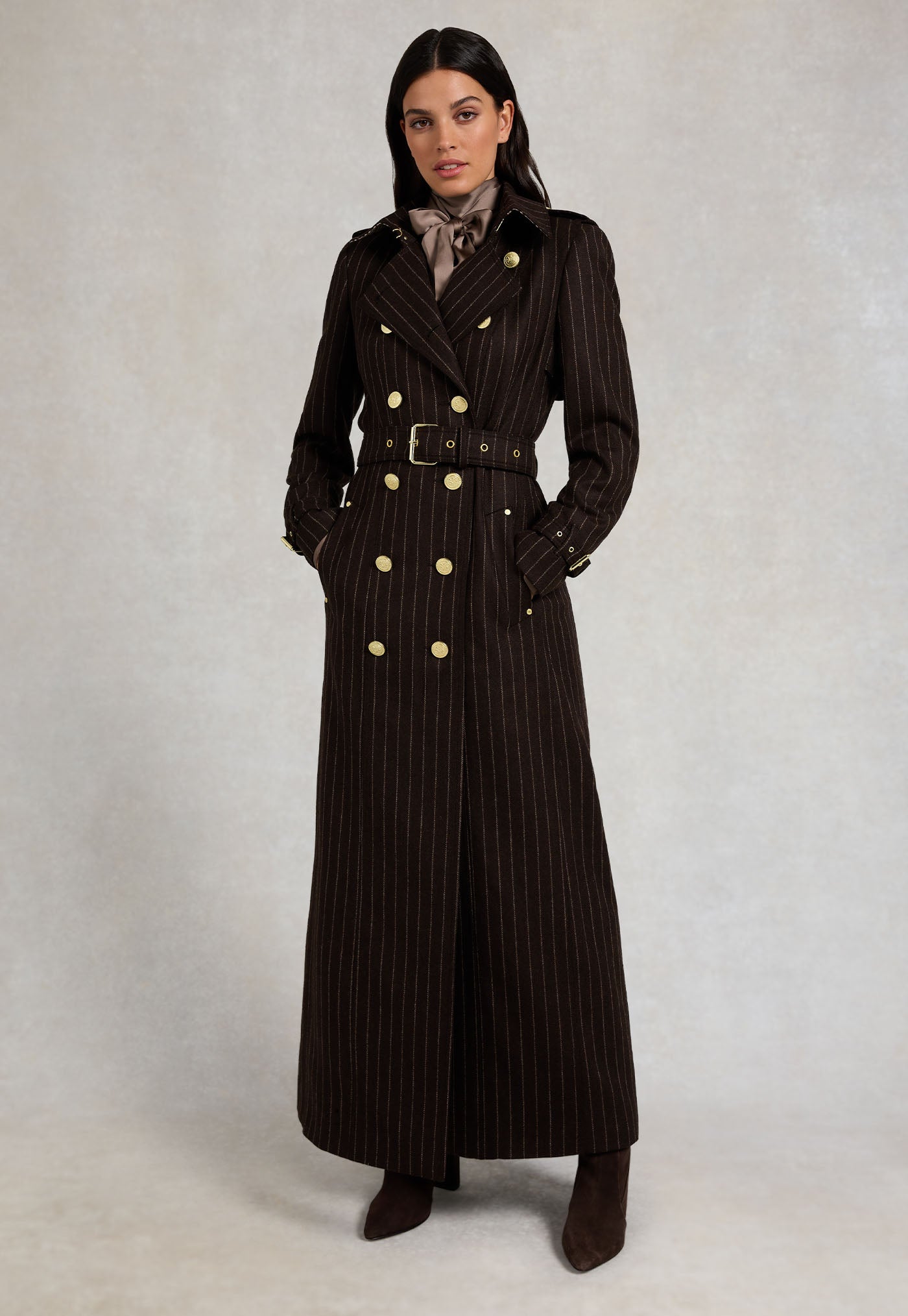 Marlborough Trench Coat Full Length - Chocolate Pinstripe