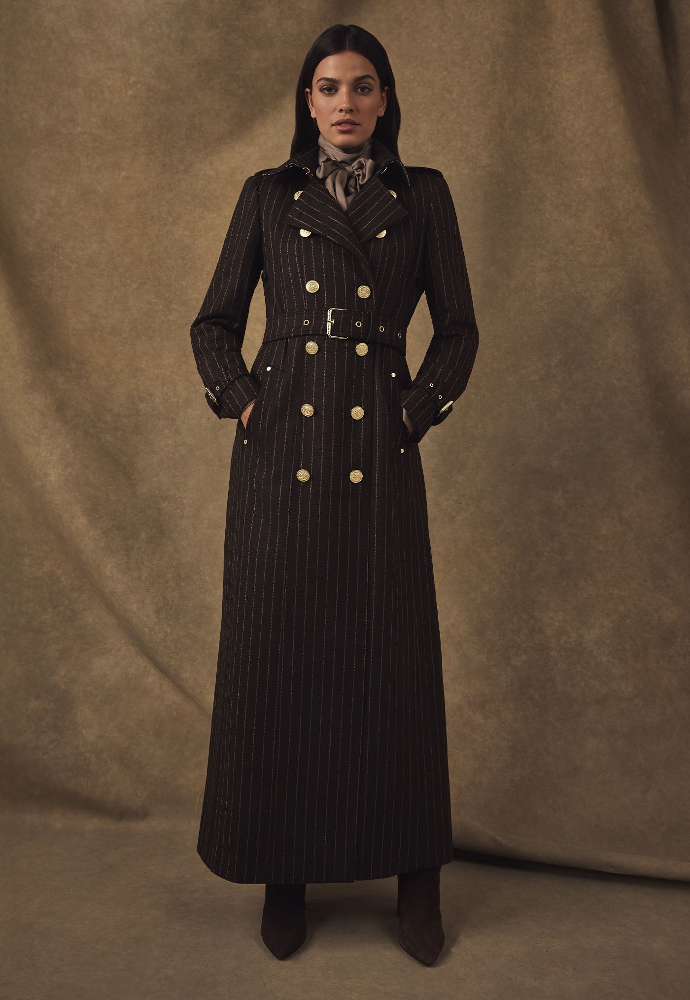 Marlborough Trench Coat Full Length - Chocolate Pinstripe