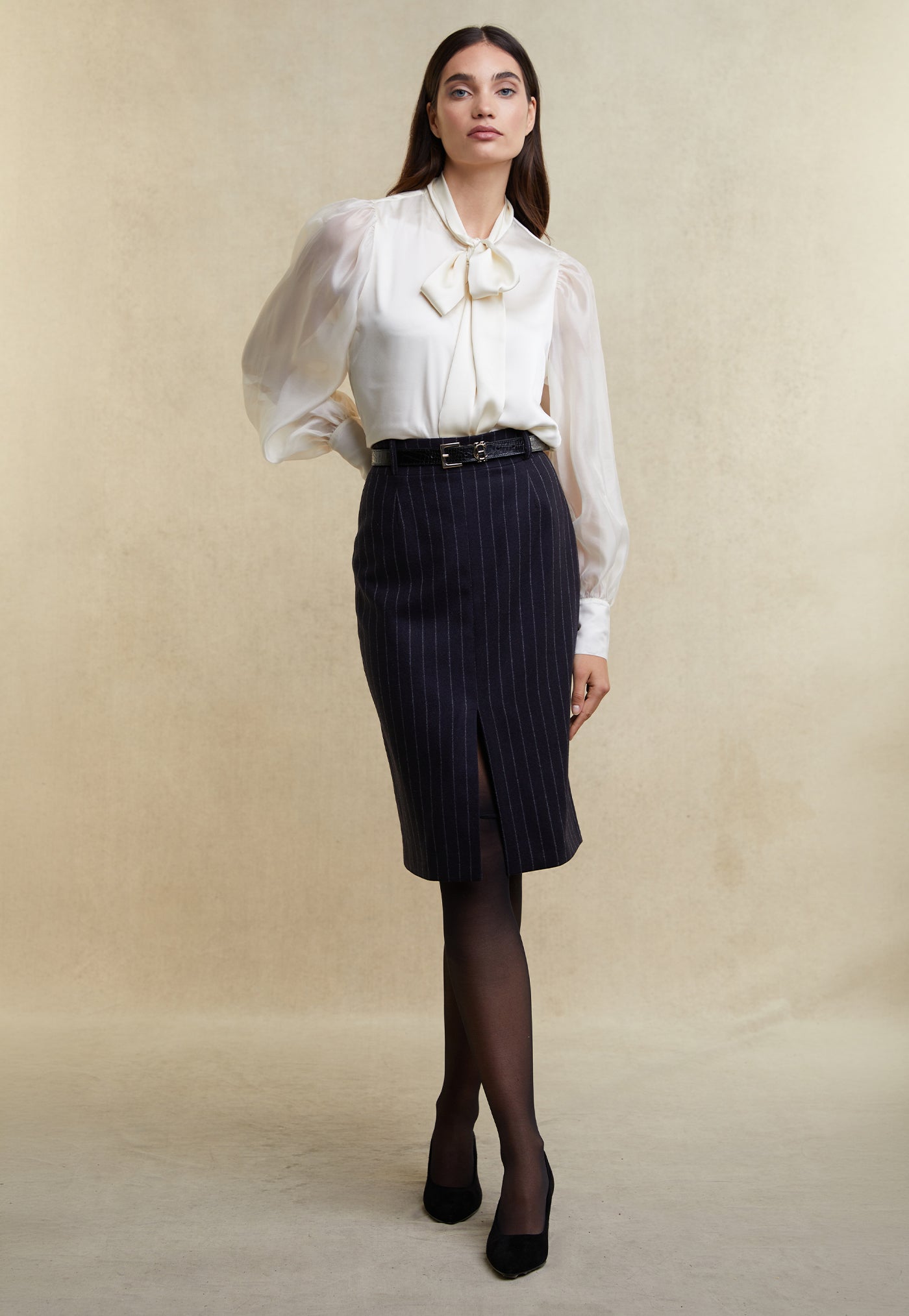 Mayfair Pencil Skirt - Navy Chalk Pinstripe