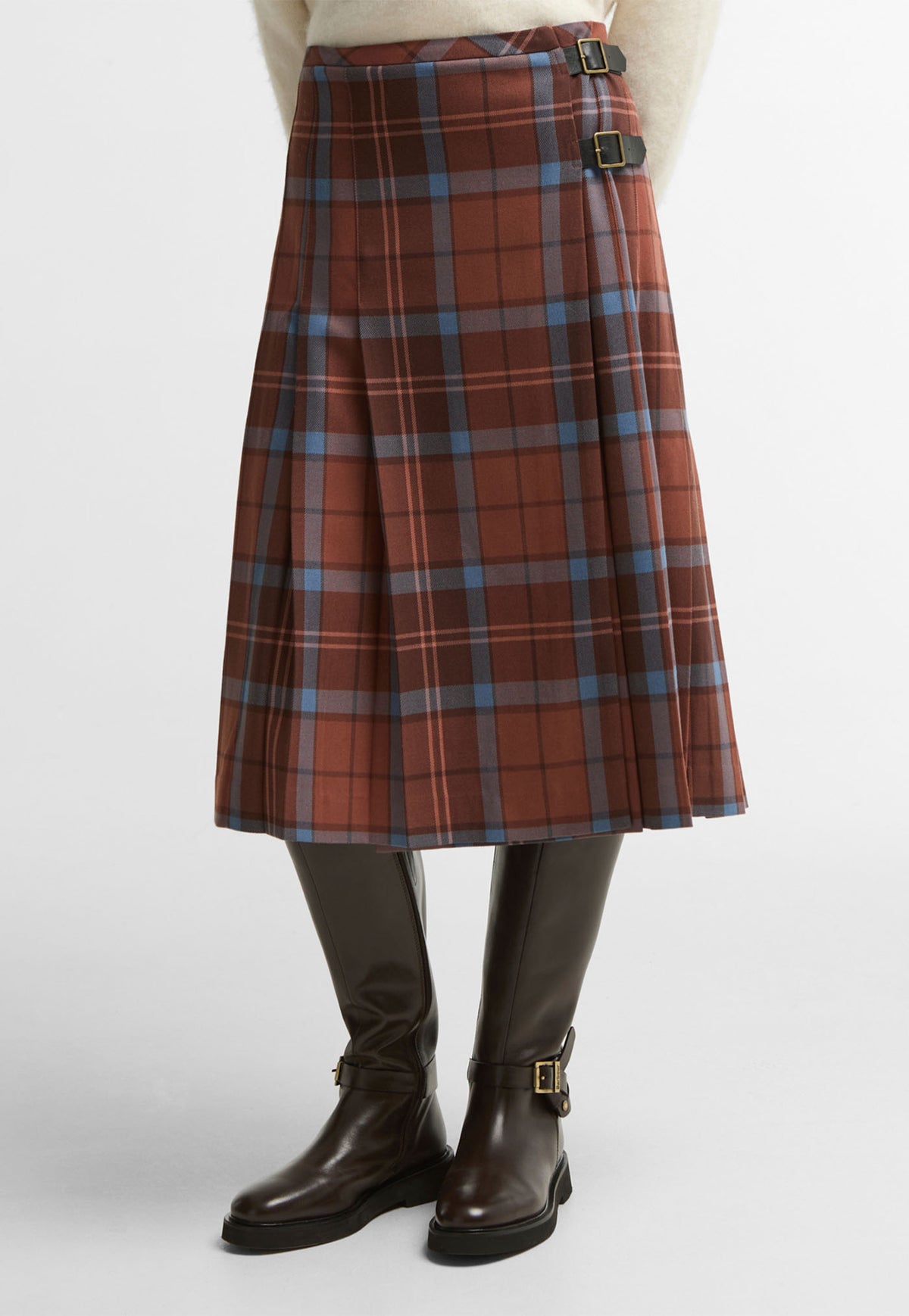 Barbour x FARM Rio Allamanda Tartan Pleated Mini Skirt in Tropical Tea Tartan, tartan pleated mini skirt.