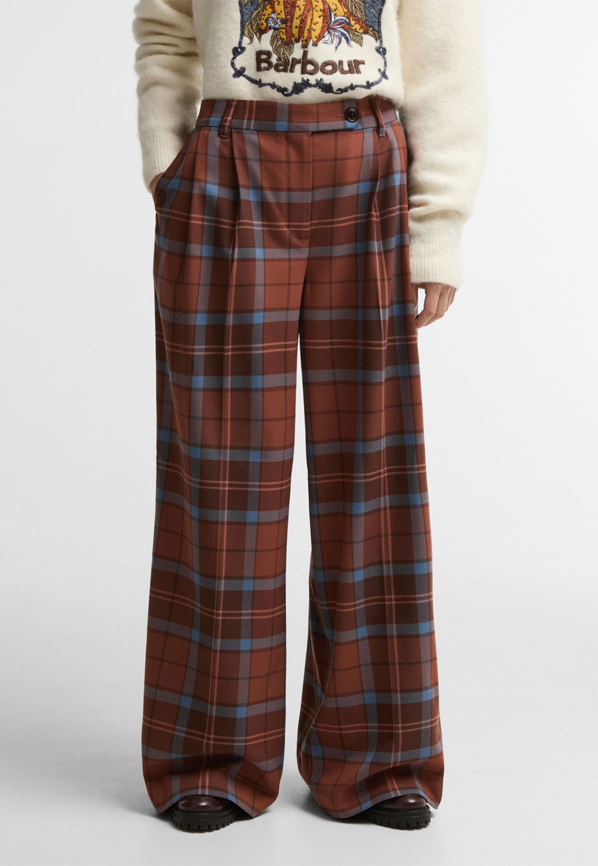 Barbour x FARM Rio Allamanda Tartan Wide Leg Trousers in Tropical Tea Tartan, tartan wide leg trousers.