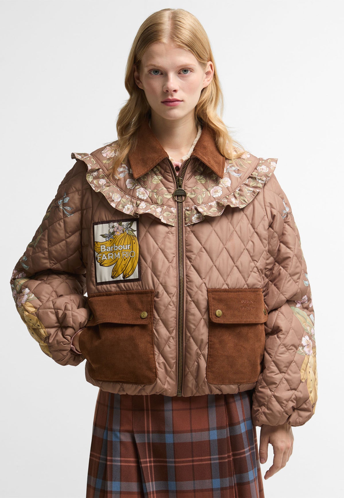 Barbour x FARM Rio Anamaria Quilted Jacket in Heart of Tropics, oversized quilted jacket with bubble hem, voluminous sleeves and placement print with frill trimmed yokes.