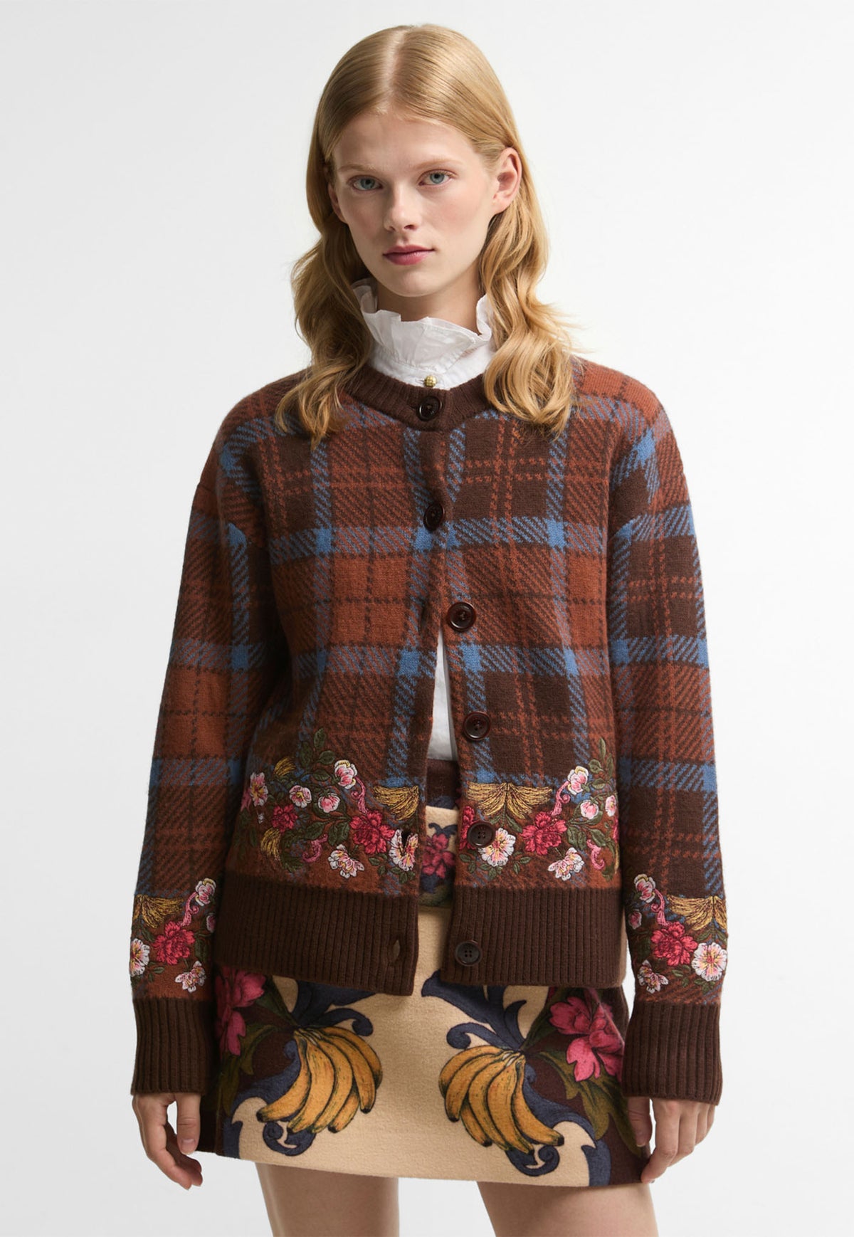 Barbour x FARM Rio Angelonia Wool Cardigan in Tropical Tea Tartan, tartan merino wool cardigan with embroidered detailing.