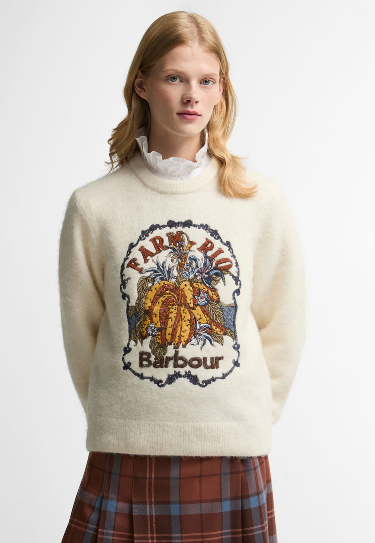 Barbour x FARM Rio Ruellia Crew Neck Jumper in Multi, cream alpaca blend crew neck jumper with banana bunch artwork.