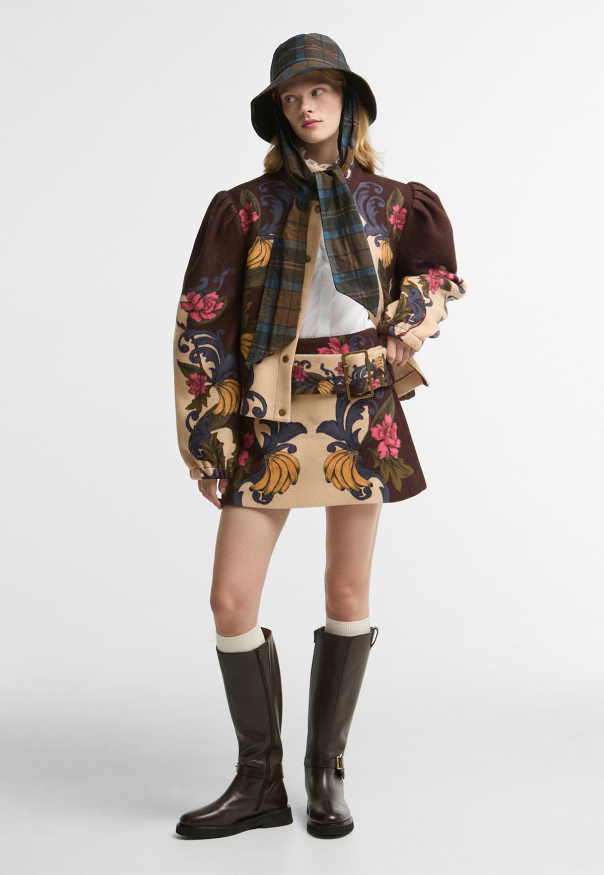Barbour x FARM Rio Venosa Skirt in Bloom In Between, cream and chocolate banana and floral print wool A line skirt with wide belt and brass buckle.