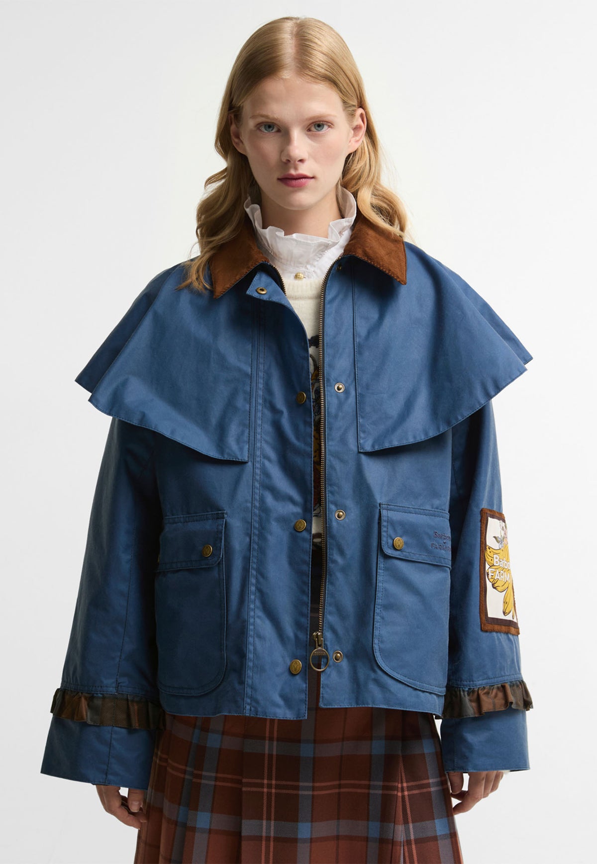 Barbour x FARM Rio Venosa Wax Jacket in True Navy/Tropical Tea Tartan, navy waxed cotton jacket with Tropical Tea Tartan detailing and rust cord collar.