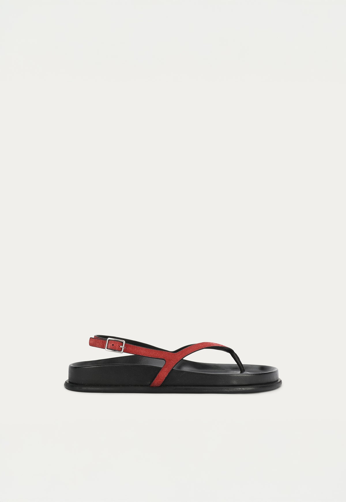 Deadly Ponies Artemis Sandal in Salsa Suede/Black featuring a soft suede upper and silver buckle.