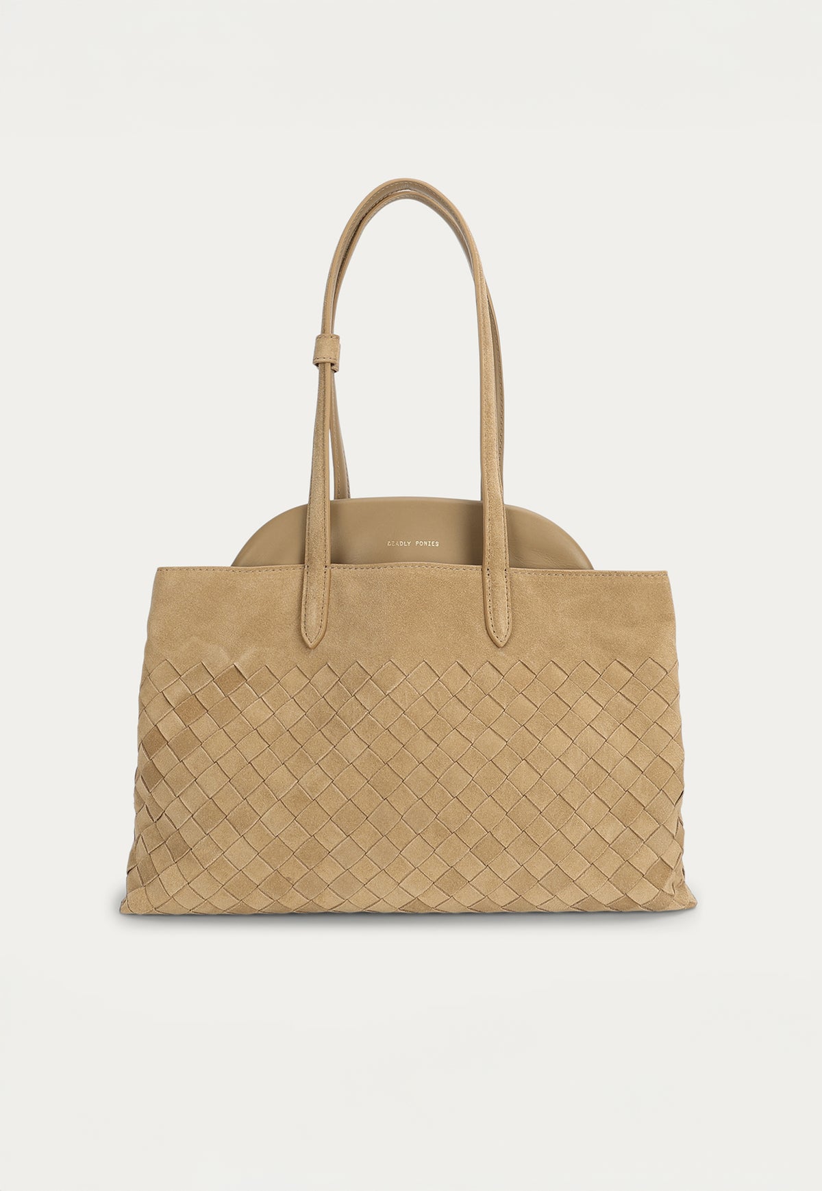 Deadly Ponies Vault Tote in Oat Woven Suede, crafted from premium woven calf suede.