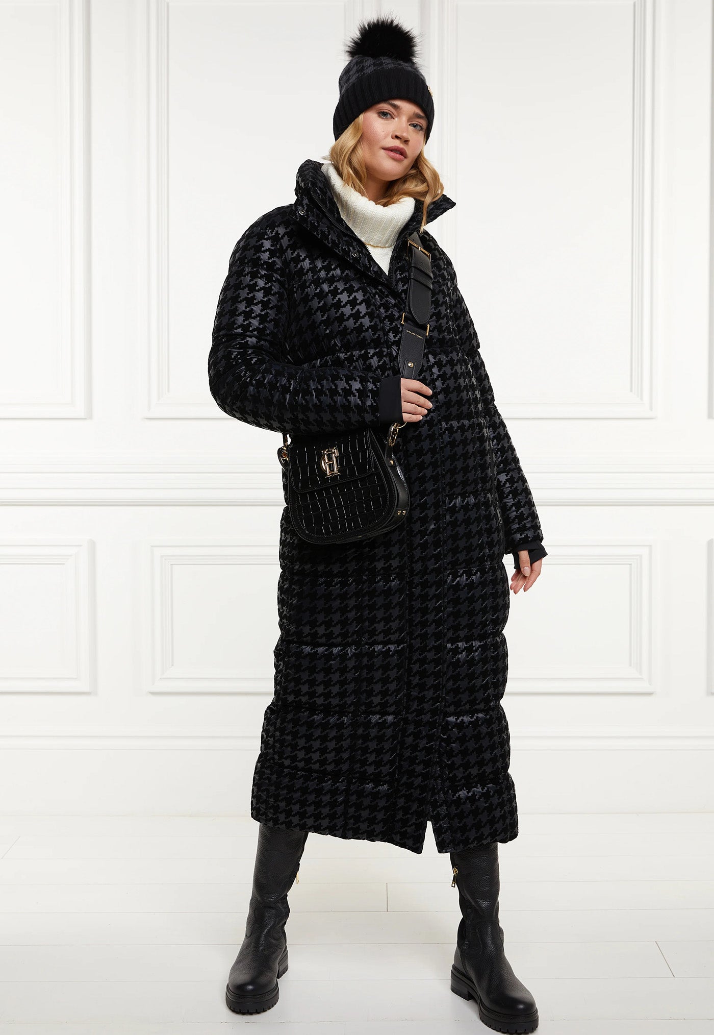 Crawford Longline Coat - Mono Houndstooth sold by Angel Divine