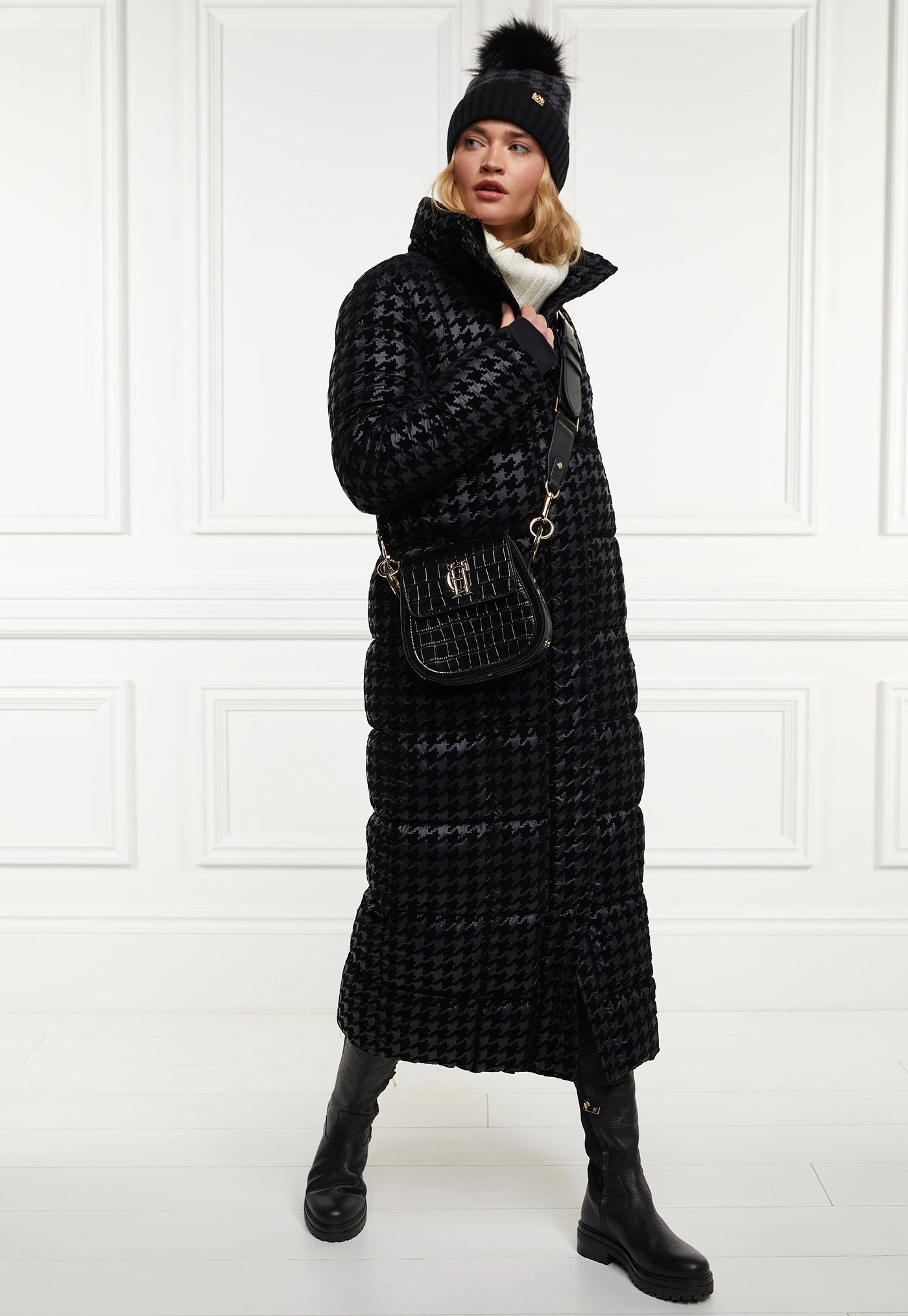 Crawford Longline Coat - Mono Houndstooth sold by Angel Divine