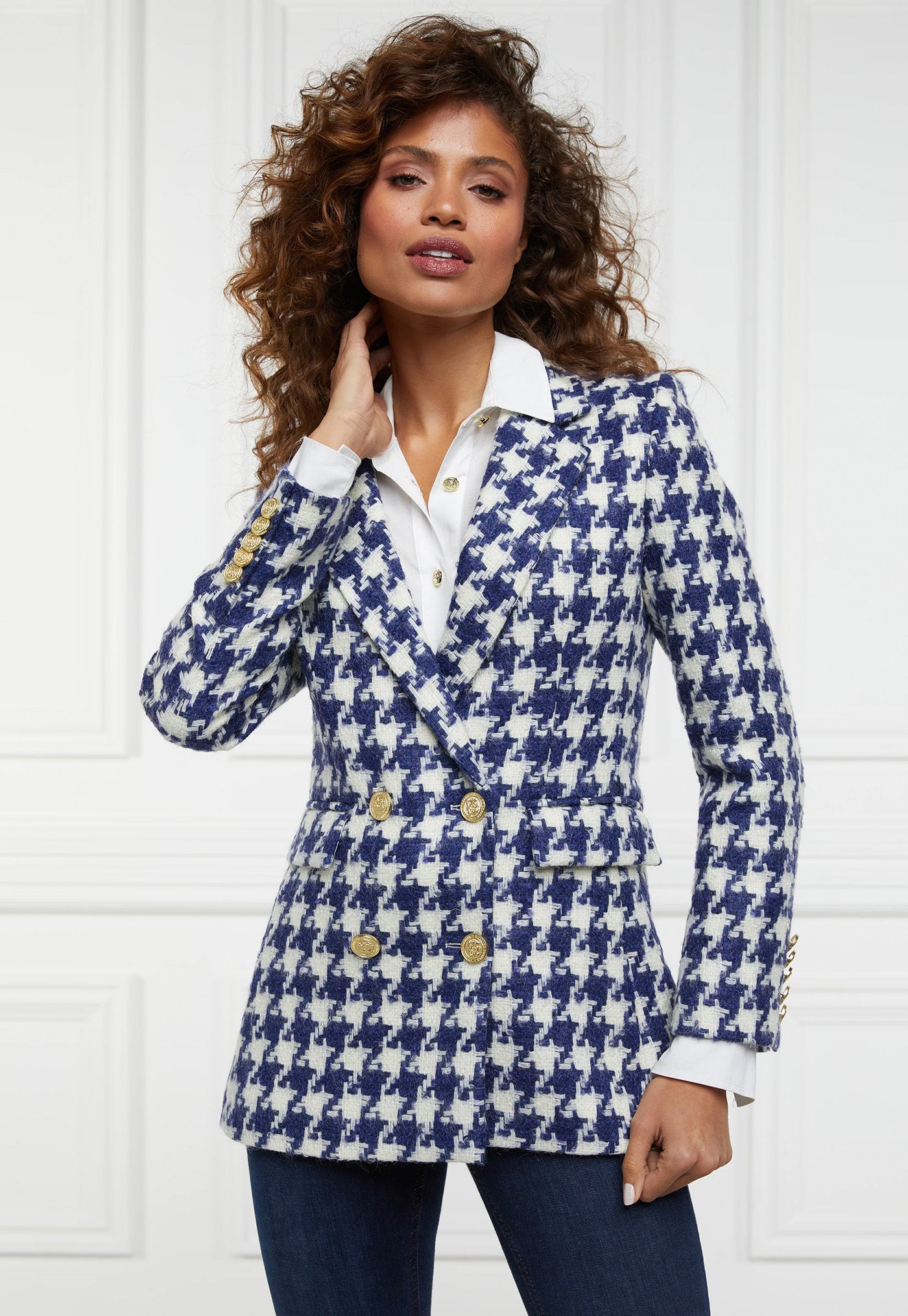 Double Breasted Blazer - Large Scale Navy Houndstooth sold by Angel Divine