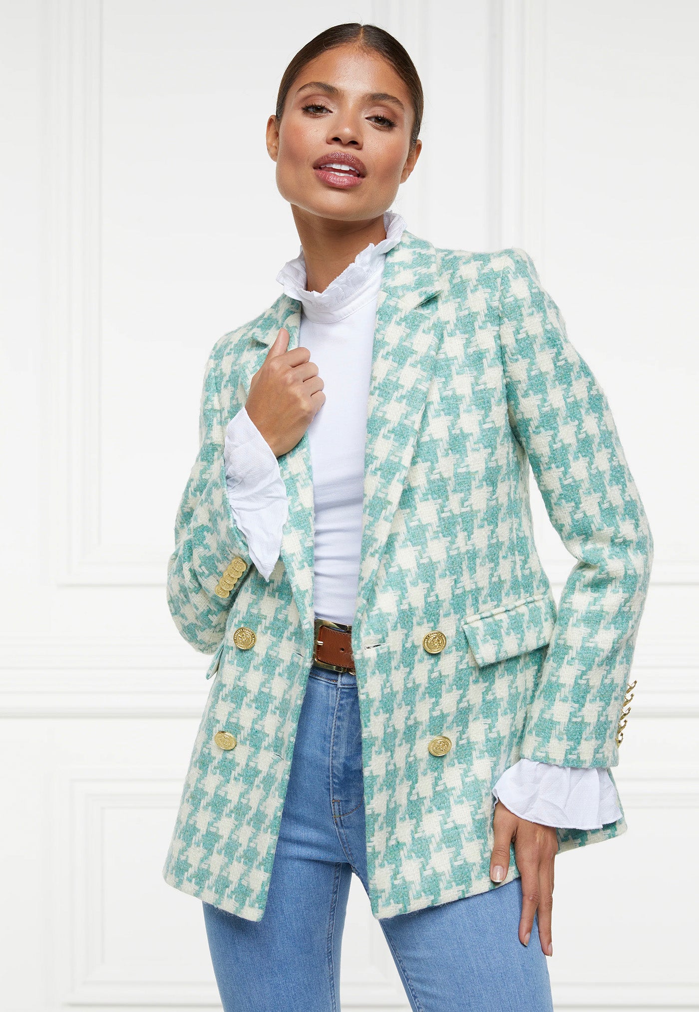 Double Breasted Blazer - Large Scale Teal Houndstooth sold by Angel Divine