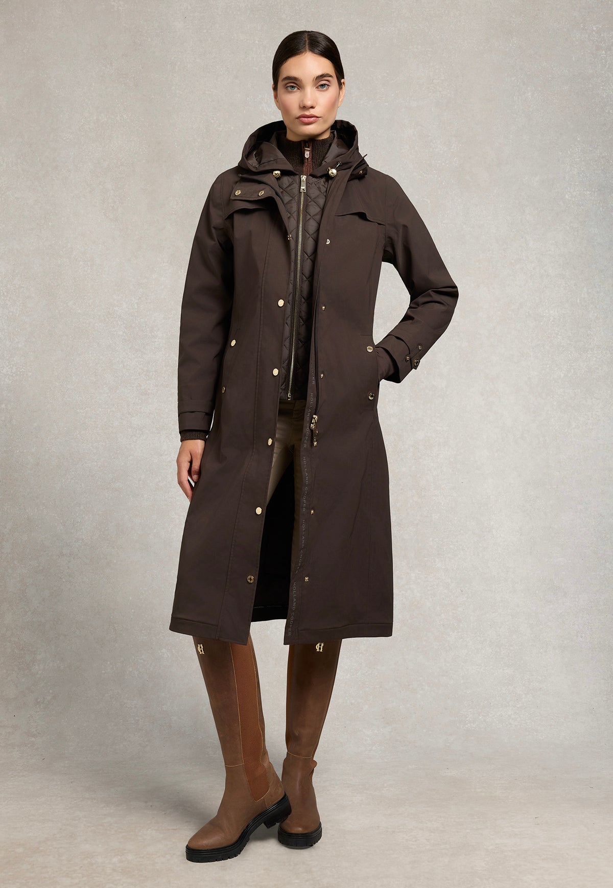 Holland Cooper Folgate waterproof rain coat in Chocolate, front view with gold-tone hardware.