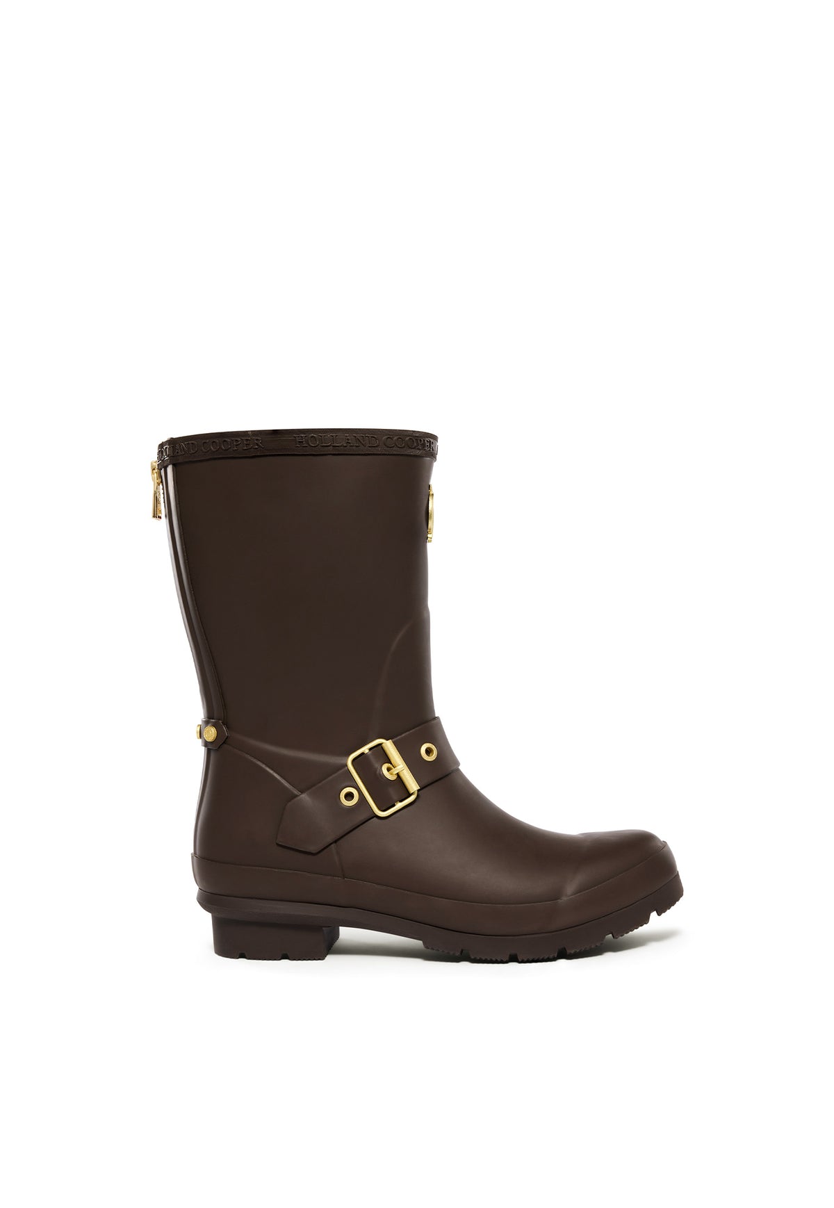 Holland Cooper Sherpa Lined Chelsea Wellington in Chocolate Matte Gold, dark brown matte rubber Chelsea wellington boot with sherpa lining, strap detail and gold hardware.
