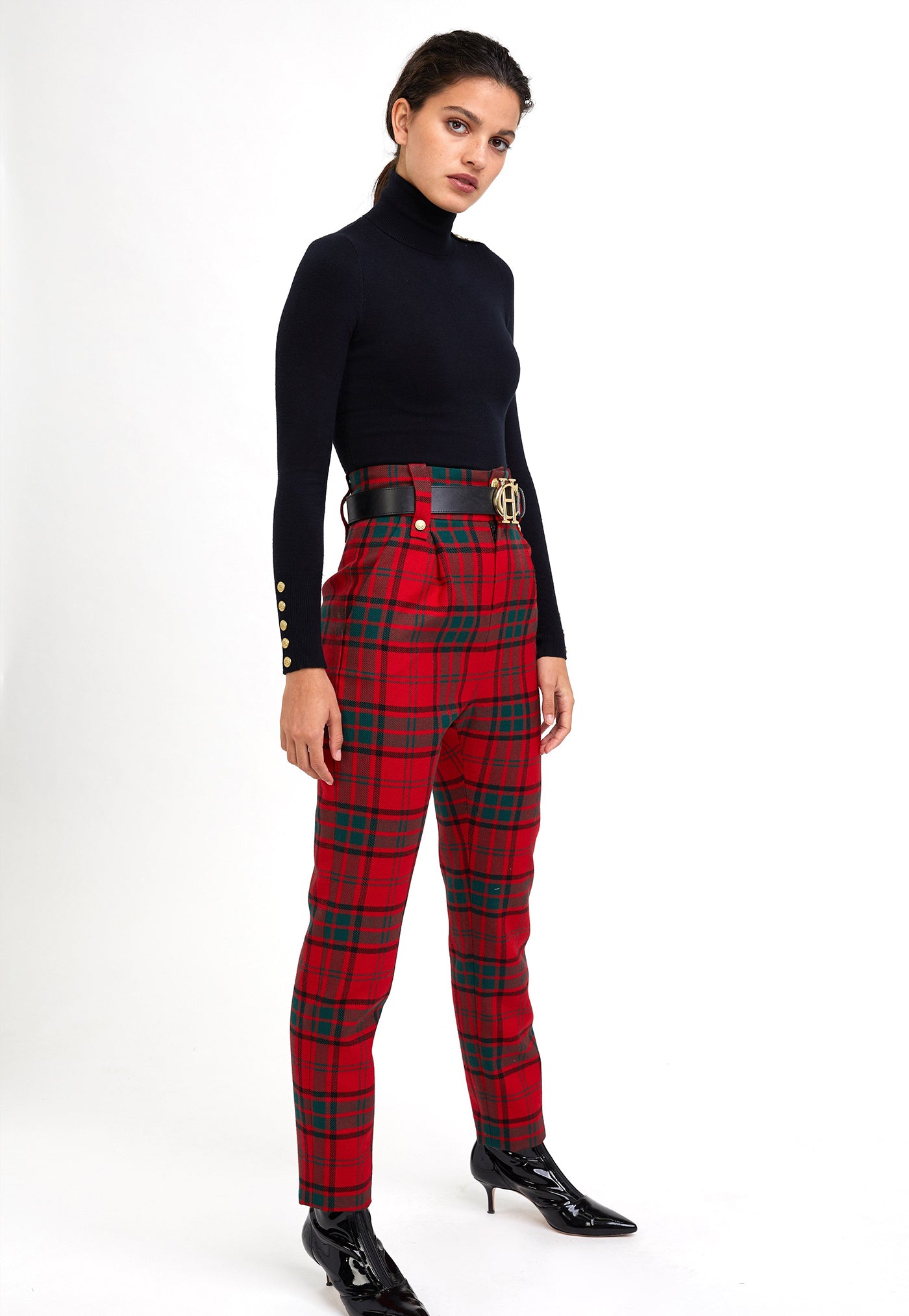 High Waisted Peg Trouser - Red Tartan sold by Angel Divine