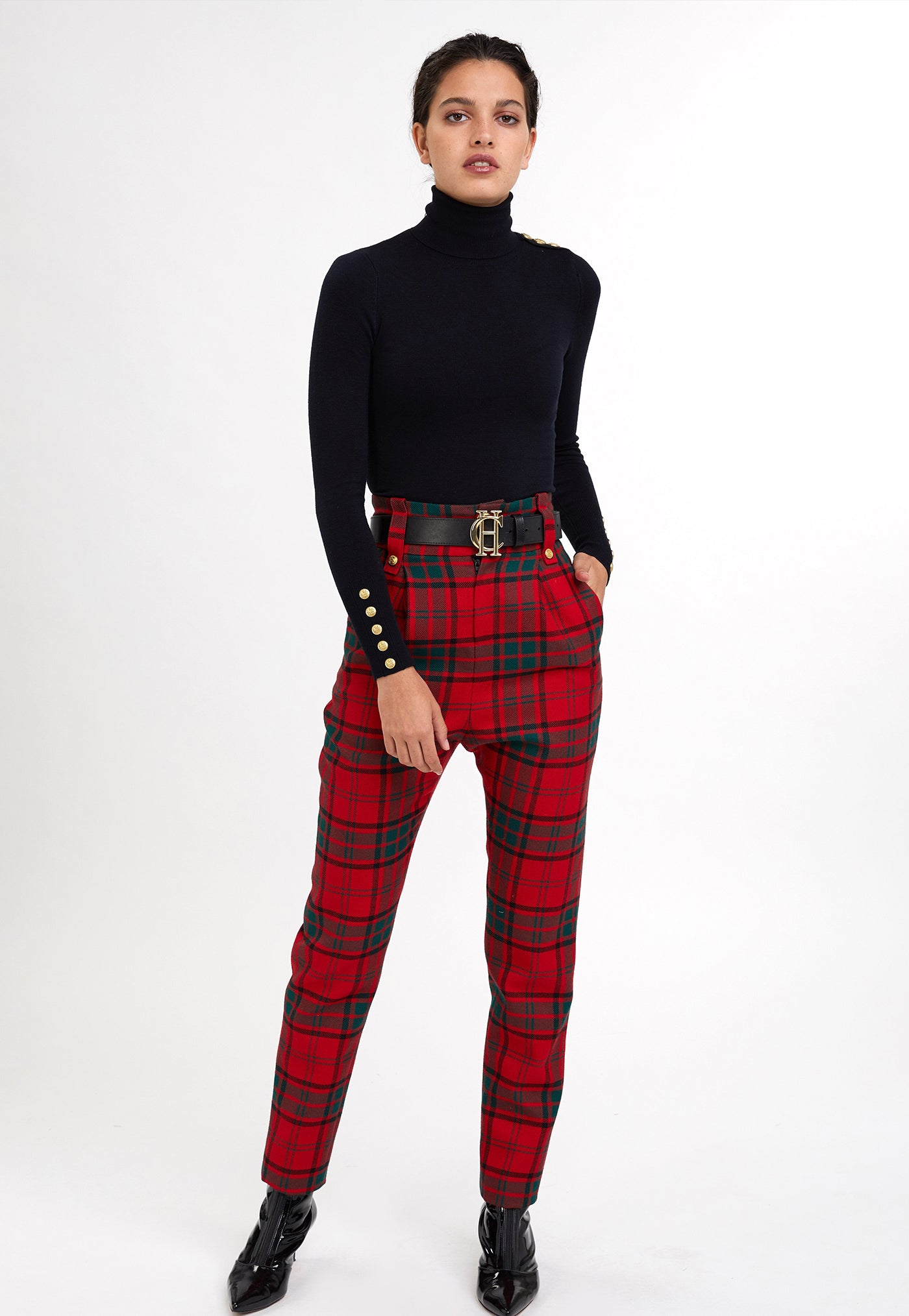 High Waisted Peg Trouser - Red Tartan sold by Angel Divine