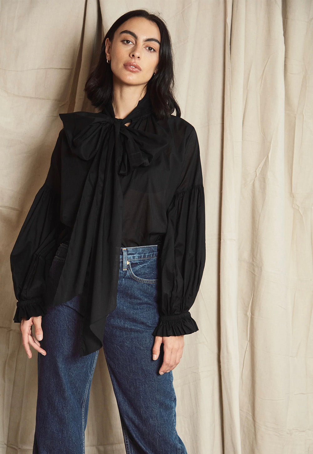Bow Blouse - Black Cotton Voile sold by Angel Divine