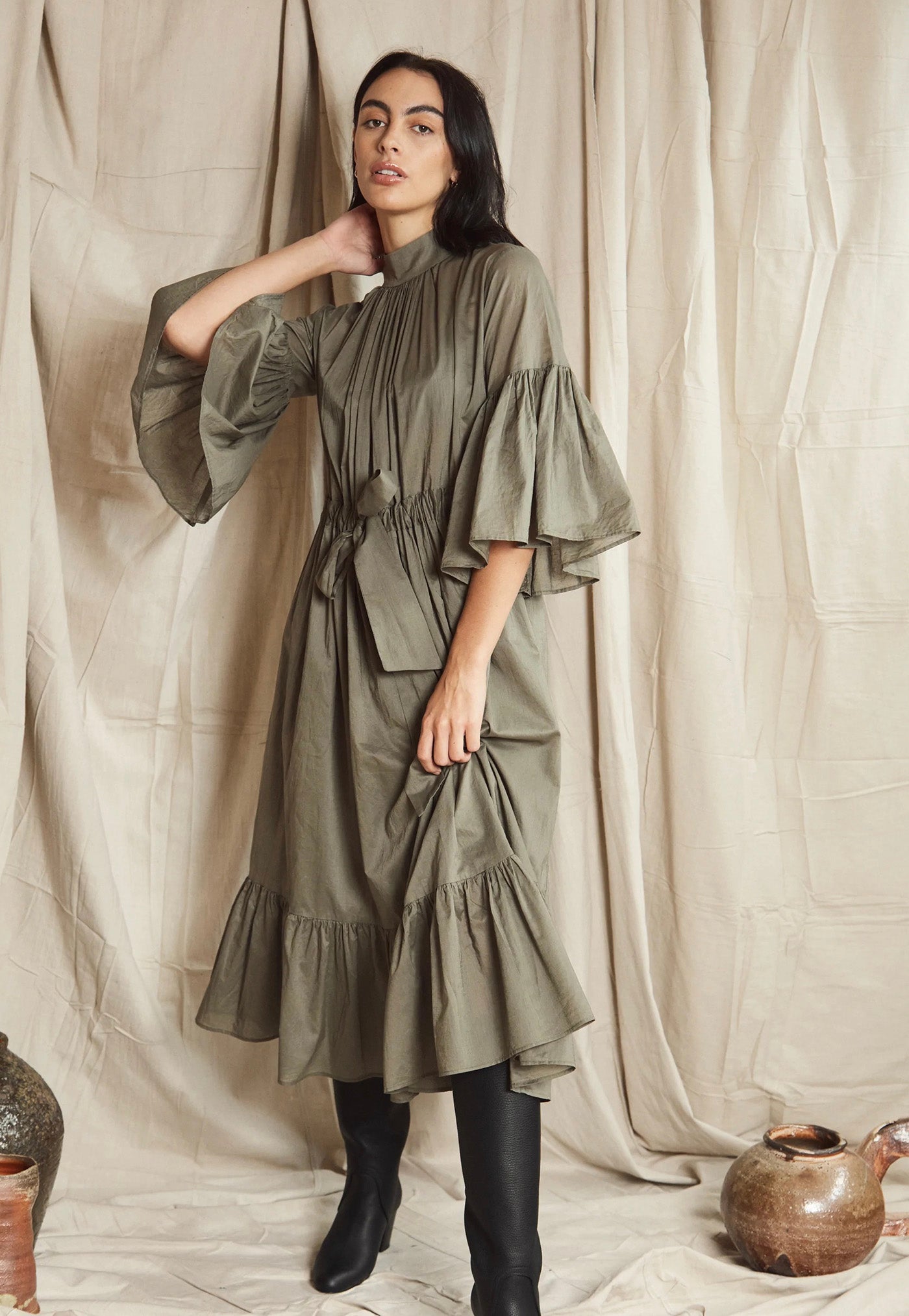 O'Keeffe Dress - Sage Cotton Voile sold by Angel Divine